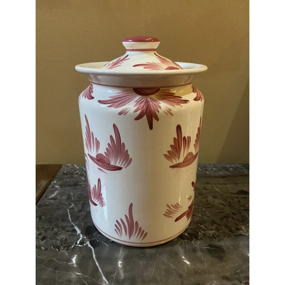 Cooley Collection MIA Red White Hand painted Man In Boat Ceramic Canister W/ Lid